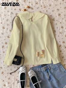 青少年女孩休闲优雅度假白色长袖蝴蝶结领衬衫，开学季秋冬款 - 杏色 - 查看 2