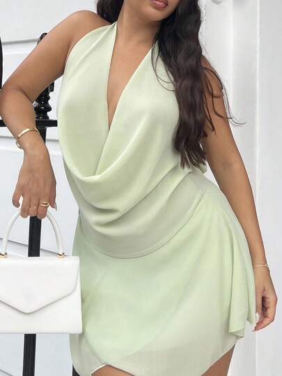 NegzBox Đầm ngắn hở lưng màu trơn gợi cảm mới xẻ cổ sâu xếp nếp viền bất đối xứng cho mùa hè