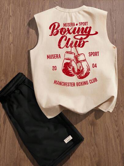 Manfinity Joysei 时尚街头拳击标语休闲印花男士标准尺码卡其色上衣和黑色短裤套装