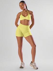 Musera Sport 纯色褶皱露背吊带运动文胸，适合运动、健身房、跑步、俱乐部、板式网球、网球、匹克球、瑜伽、普拉提、健身、日常休闲等场合，舒适自在。 - 黃色 - 查看 3