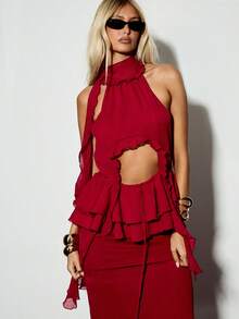 KIZN 荷叶边露背短款上衣，带有镂空细节和长领带，节日夏季派对衬衫，优雅飘逸的设计，特殊场合晚装 - 酒紅色 - 查看 1