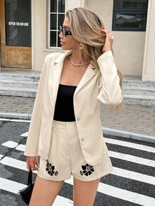SHEIN Frenchy Women's Linen Blend Embroidered Floral Blazer And Shorts Set,Black Floral Summer Smart Casual Brunch Two Piece Suit,Lapel Neck Old Money Office Wear - Multicolor - View 1