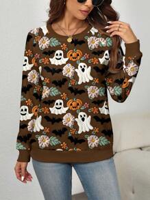 EMERY ROSE Plus Size Halloween Ghost Pumpkin Bat Print Raglan Long Sleeve Sweatshirt Fall Cloth For Women Winter Autumn - Multicolor - View 3