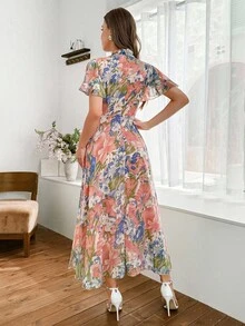 Modelyn 女式荷叶边领口系带喇叭下摆泡泡袖连衣裙 - 彩色 - 查看 2
