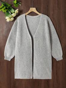 SHEIN 少女纯色V领休闲百搭长袖针织开衫