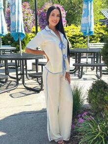 Carolina Barros Kontrast Saum Bindedetail Oversized Leinenoptik Hemd und Hose Sommer Urlaub Boho Ibiza Elegant Süß Haus Flughafen Outfit Herbst Nashville Süß Girly - Weiss - Übersicht 6