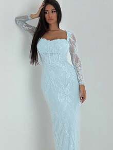 Ronhire 女士新款性感S型蕾丝长袖紧身鱼骨方领紧身连衣裙，适合派对、约会、晚会，黑色，秋冬 - 淺藍色 - 查看 4