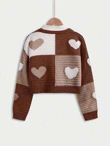 Tween Girls Knitted Cardigan,Brown Heart Color Block Long Sleeve Sweater Top,Cute Autumn Sunday Back-To-School Style,Casual Daily Wear Fall Winter - Multicolor - View 2
