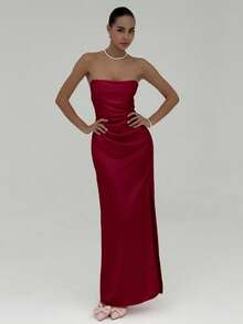 Aloruh 1 chiếc váy dài maxi xếp ly màu đỏ trơn dành cho nữ, thanh lịch - Đỏ - Xem 5