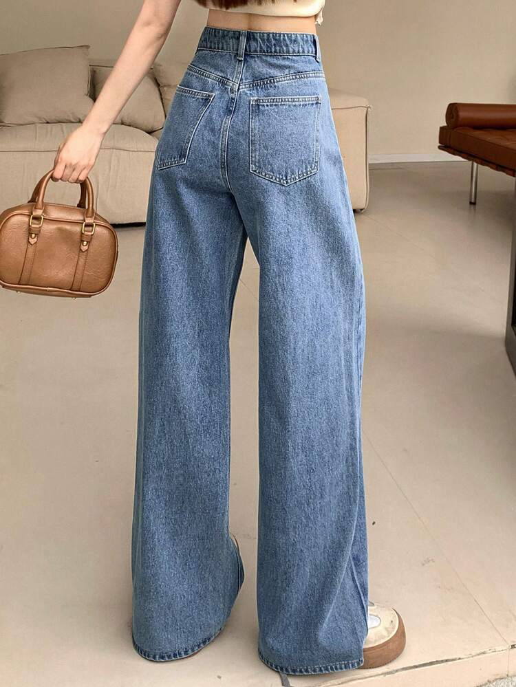 Solid Color Loose Fit Wide Leg Long Denim Pants Women Jeans