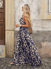 Brillora 女士度假全印花低胸性感加长吊带连衣裙 - 藍色 - 查看 4