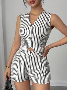 SHEIN PETITE 2件套小码女士夏季条纹休闲背心和短裤套装 - 黑與白 - 查看 4