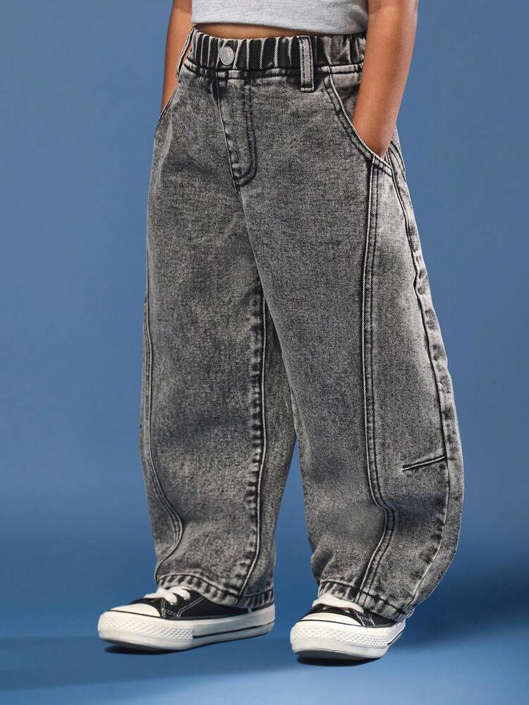 Jeansy Barrel Leg Acid Wash z szerokimi kieszeniami