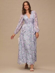 Enchnt Women's Elegant Floral Print Ruffle Hem Dress - Purple - View 5