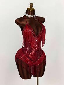 Amplova Halloween COS Sequin Tassel Backless Bandage Jumpsuit,Party Dresses For Women - Red - View 3