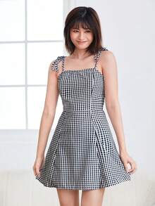 SHEIN Essnce Gingham Self-Tie Cami Mini Dress,Tea Party Dress,Summer Dresses For Women - Black and White - View 1