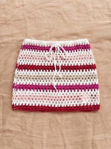 Soleia 女士度假风格红色渐变彩虹条纹紧身迷你裙，适合婚礼季节、海滩、音乐节、夏季波西米亚风钩针编织 - 彩色 - 查看 6