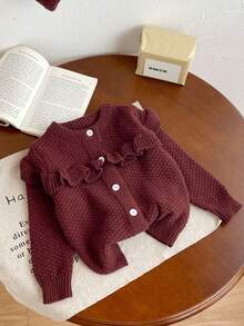 Sparklyn 青少年女孩时尚百搭通勤可爱休闲开衫和喇叭裤针织毛衣套装 - 咖啡棕 - 查看 3