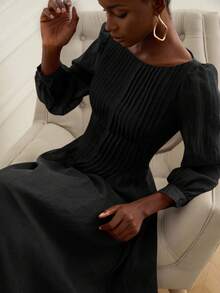 Aveloria Rosie New Romantic Vintage Tea Party Dress, Loose Fit Slimming, Elegant Off Shoulder Ruched Design, Lightweight Sheer Fabric, Puff Sleeves, Solid Color - Black - View 1