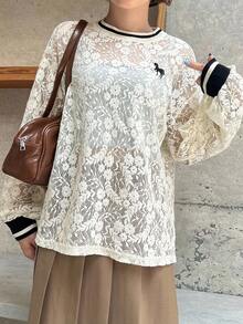 FRIFUL Women's Beige Contrast Color Sheer Embroidery Pattern Loose Casual Versatile Blouse, Suitable For Outings, Autumn - Apricot - View 2