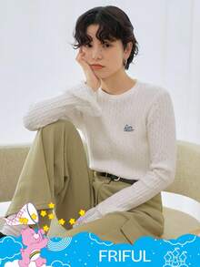 SHEIN X Care Bears FRIFUL 女式圆领喇叭袖撞色蕾丝紧身毛衣，正面有字母刺绣 - 白色 - 查看 10