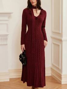 V领优雅性感3D花卉丝带腰部修身长袖毛衣连衣裙 - 中紫紅色 - 查看 6