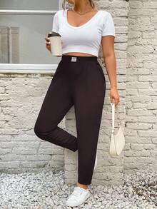 SHEIN PETITE CURVE Plus Size Solid Color Elastic Waist Patch Pocket Casual Pants - Chocolate Brown - View 6