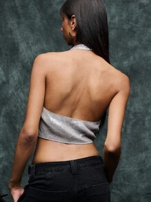 TypaGal This Shimmering Sequin Halter Top Elevates Winter For Women, Perfect For Christmas Parties Or Autumn Celebrations. - Grey - View 3