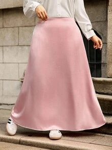 Elenzga Plus Size Elegant Satin Silk Shiny Texture Skirt - Baby Pink - View 11