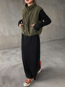 FRIFUL 女士休闲纯色无袖夹克，适合秋冬穿着 - 綠色 - 查看 2