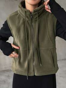 FRIFUL 女士休闲纯色无袖夹克，适合秋冬穿着 - 綠色 - 查看 4