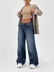 CasuGlow 100% 纯棉低腰阔腿剪裁复古水洗 Y2K 宽松牛仔裤 - 霧霾藍 - 查看 6