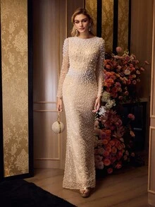 MOTF Soiréza 优雅长袖圆领美人鱼鱼尾拖地礼服，满珠串珠，亮片串珠面料，修身剪裁，适合凉爽季节和婚礼庆典 - 香檳色 - 查看 8