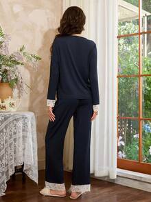 Côtesoire 法式优雅撞色彼得潘领罗纹针织长袖女士睡衣套装，蕾丝睡衣套装，藏蓝色蕾丝睡衣套装，秋冬服装 - 藏蓝色 - 查看 2