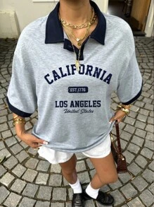 Muchica 大码休闲街头风格时尚撞色设计半拉链领 Polo 超大短袖 T 恤，适合夏季、返校季 - 灰色 - 查看 5