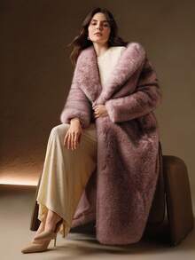 Anewsta 女士优雅时尚狐狸毛领长袖皮草外套，冬季 - 淺粉色 - 查看 10