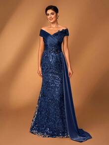 Serin Đầm dạ hội sang trọng, thanh lịch, hở vai, thêu sequin, phối ren và satin, xếp ly, dáng đuôi cá, xẻ tà bên, thích hợp cho đám cưới, tiệc tùng, kỳ nghỉ, dạ hội, váy dạ tiệc, mẹ cô dâu, ngày Valentine. - Màu xanh hải quân - Xem 5
