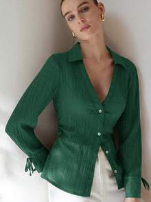 Aveloria Modichic Green Collared Shirt, Minimalist V-Neck Design, Waist Ruched Details Add Dimension, Sleeve Cuff Accents For Fashionable Women - Green - View 2
