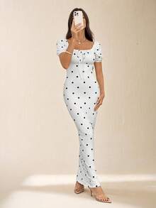 SHEIN Tall Women's Elegant Minimalist Precise Vacation Polka Dot Square Neck Ruched Fitted Dress, Summer - White - View 6
