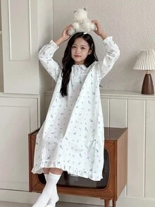 DAZY 女童柔软舒适印花荷叶边领长袖连衣裙，休闲家居服 - 白色 - 查看 5