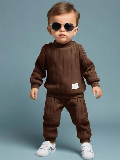 SHEIN 3 件套男婴/女婴柔软羊毛高领贴花上衣、休闲长袖套头衫和裤子（含帽子套装）、百搭百搭，适合居家和户外，秋冬