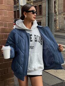 DAZY Quilted Diamond Pattern Patchwork Ribbed Loose Fit Women Padded Coat Winter Jacket - Navy Blue - View 8