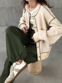 FRIFUL 女士杏色撞色缝线下摆纽扣开合宽松休闲百搭夹克，适合外出、机场、旅行、秋季时尚 - 杏色 - 查看 6