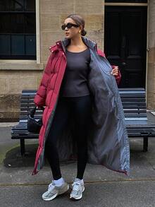 DAZY Hooded Contrast Lining Pocket Thick Long Red Christmas & New Year Padded Coat For Women, Autumn/Winter - Burgundy - View 13