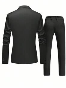 Manfinity Mode 男士秋季翻领长袖夹克和裤子休闲商务旅行西装套装 - 黑色 - 查看 2