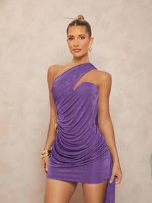 Lumalex Metal Decor Asymmetrical Ruffle Drape Bodycon Mini Dress For Women - Purple - View 6
