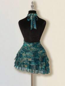 SHEIN ICON 女式不对称下摆佩斯利印花露背迷你连衣裙，性感前卫 - 彩色 - 查看 9