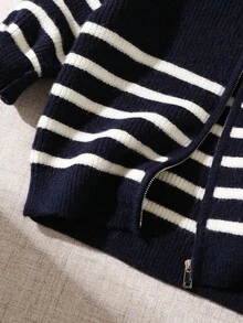 SHEIN Black & White Striped Stand Collar Zip-Up Casual Versatile Cardigan Chic Outfits For Autumn/Winter Toddler Boy Fall Clothes Boys Winter Clothes Boys Sweater Young Boy Clothes Young Boys Striped Sweater