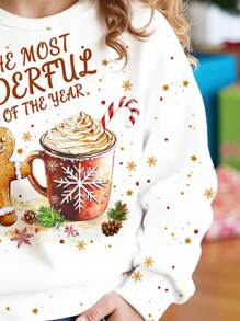 SHEIN Leap Crew 复古姜饼人、姜饼屋、可爱复古手绘圣诞印花，圣诞幼儿卫衣，少女休闲宽松圆领舒适长袖卫衣，适合秋冬季穿着 - 彩色 - 查看 3