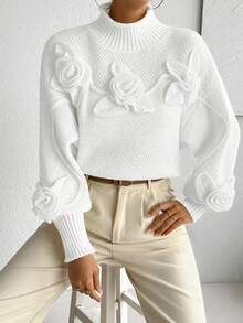 Almamuse Women's Elegant Solid Color 3D Floral Decor Turtleneck Lantern Sleeve Pullover Sweater, Autumn/Winter Fall Cloth For Women - White - View 7